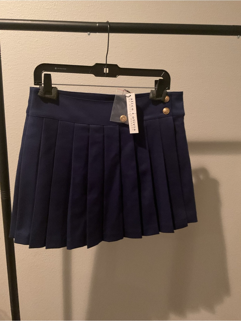 Alice + Olivia Dark Navy Pleated Mini Skirt with Gold Buttons